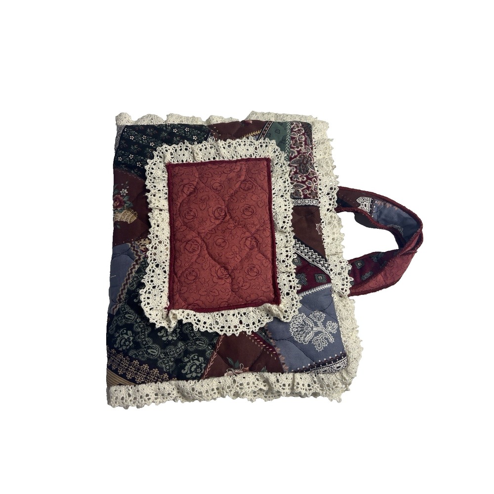 Vtg 90s Quilted Patchwork Bible Cover Granny Core Lace Trim Modest Church